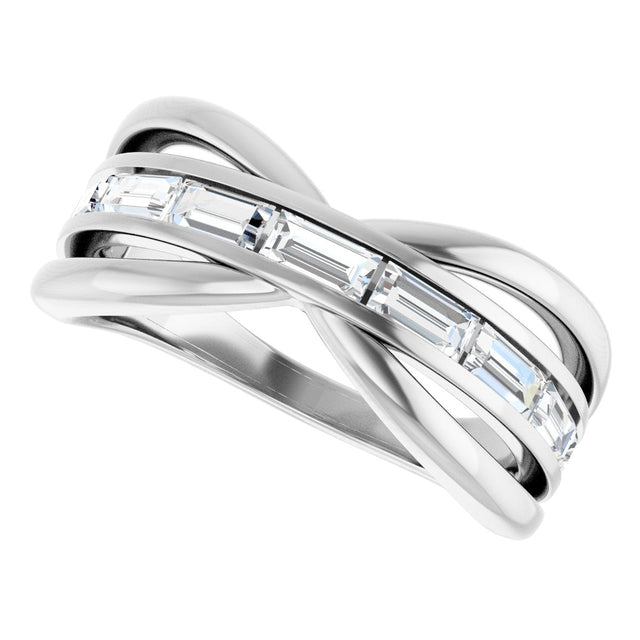 14K Gold Straight Baguette Natural Diamond Criss-Cross Ring - White Gold - view 5