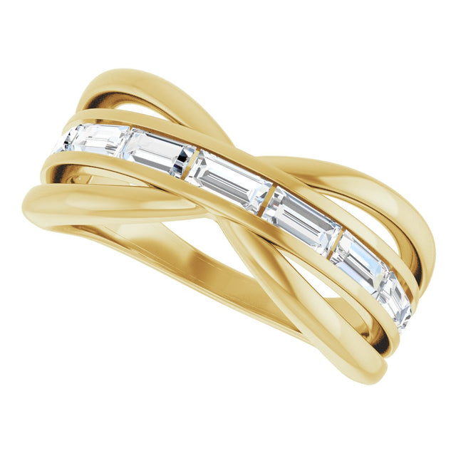 14K Gold Straight Baguette Natural Diamond Criss-Cross Ring - Yellow Gold - view 5