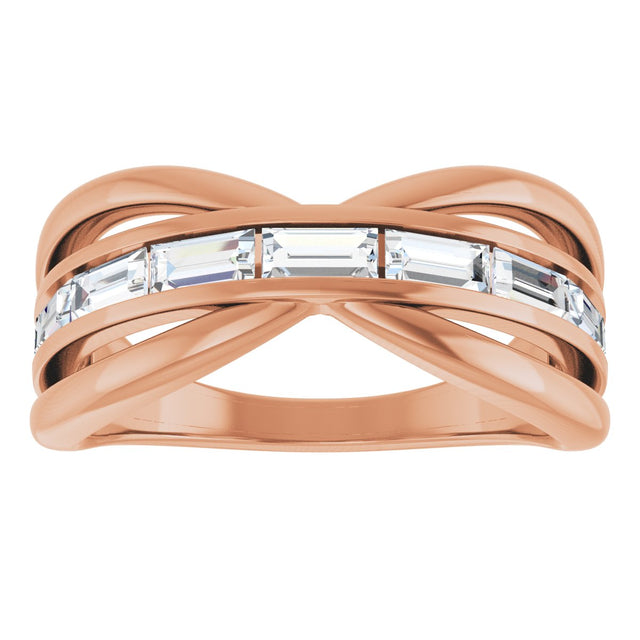 14K Gold Straight Baguette Natural Diamond Criss-Cross Ring - Rose Gold - view 3