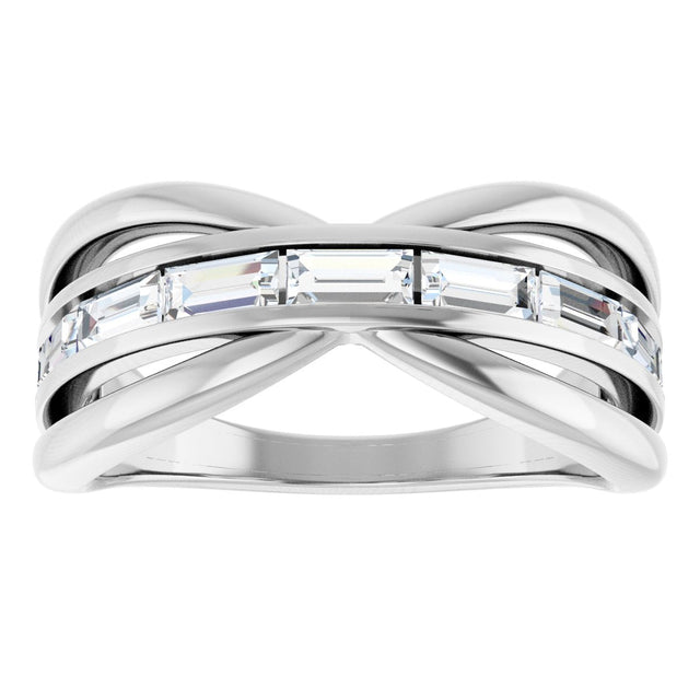 14K Gold Straight Baguette Natural Diamond Criss-Cross Ring - White Gold - view 3