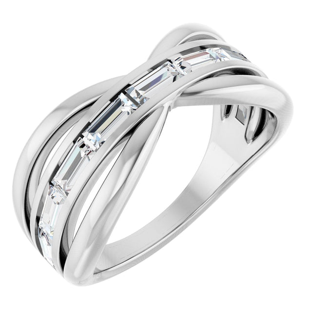 14K Gold Straight Baguette Natural Diamond Criss-Cross Ring - White Gold