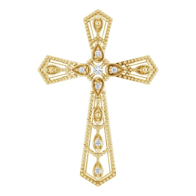 14K Gold Round Natural Diamond Milgrain Cross Pendant - Yellow Gold