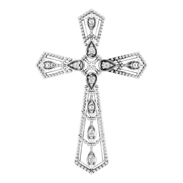 14K Gold Round Natural Diamond Milgrain Cross Pendant - White Gold