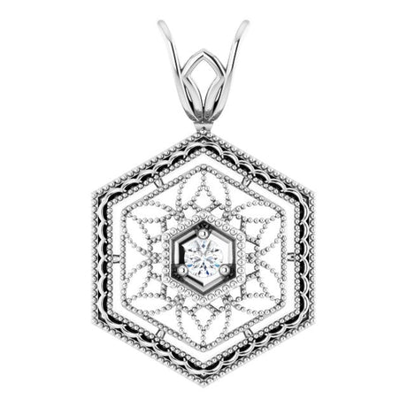 14K Gold Round Natural Diamond Filigree Pendant - White Gold