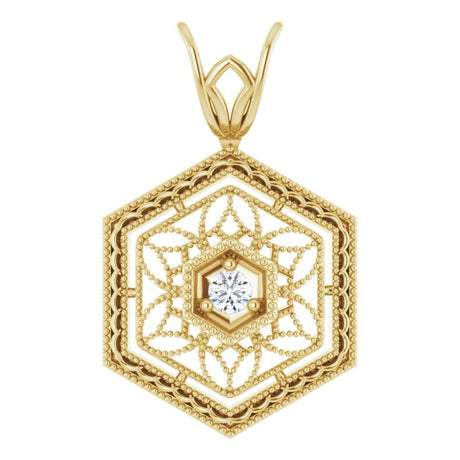 14K Gold Round Natural Diamond Filigree Pendant - Yellow Gold