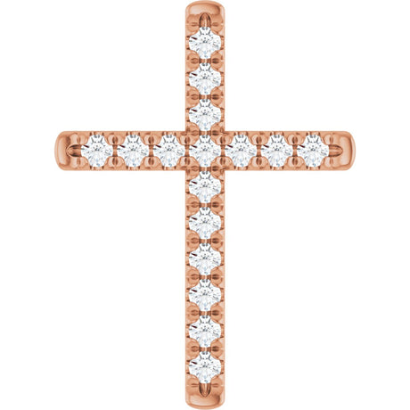 14K Gold Round Natural Diamond French-Set Cross Necklace or Pendant - Rose Gold