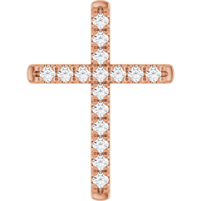 14K Gold Round Natural Diamond French-Set Cross Necklace or Pendant - Rose Gold