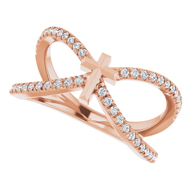 14K Gold Round Natural Diamond French-Set Cross Ring - Rose Gold - view 5