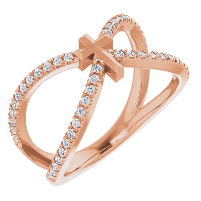 14K Gold Round Natural Diamond French-Set Cross Ring - Rose Gold