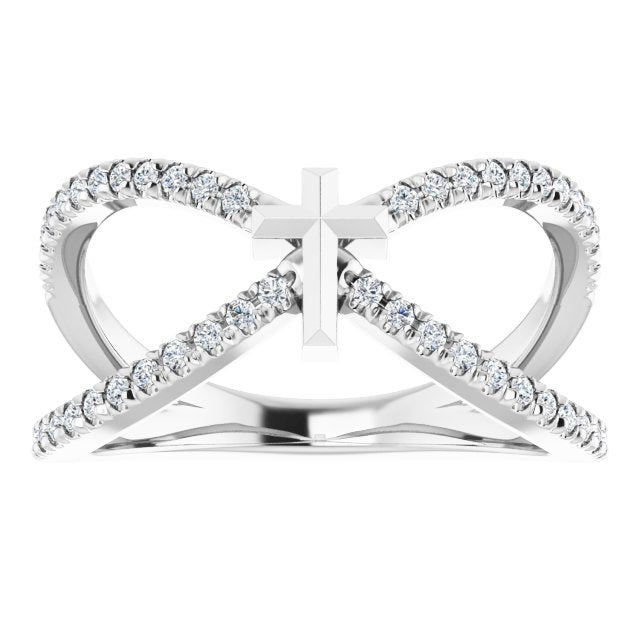14K Gold Round Natural Diamond French-Set Cross Ring - White Gold - view 3