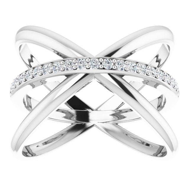 14K Gold Round Natural Diamond Accented Criss-Cross Ring III - White Gold - view 3
