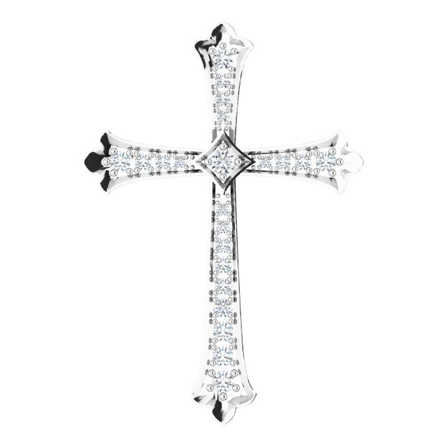 14K Gold Round Natural Diamond Accented Cross Pendant - White Gold