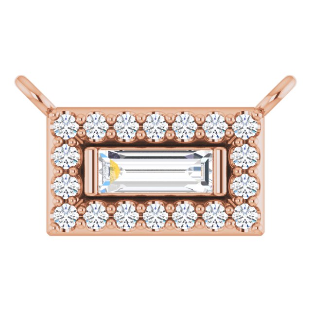 14K Gold Straight Baguette Natural Diamond Halo-Style Necklace - Rose Gold