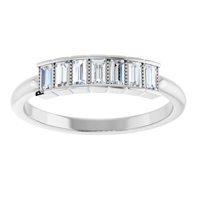 Platinum Straight Baguette Natural Diamond Beaded Seven-Stone Stackable Ring - view 3