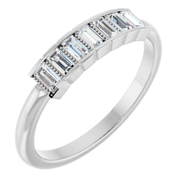 Platinum Straight Baguette Natural Diamond Beaded Seven-Stone Stackable Ring