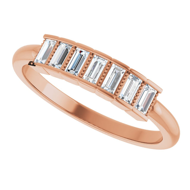 14K Gold Straight Baguette Natural Diamond Beaded Seven-Stone Stackable Ring - Rose Gold - view 5