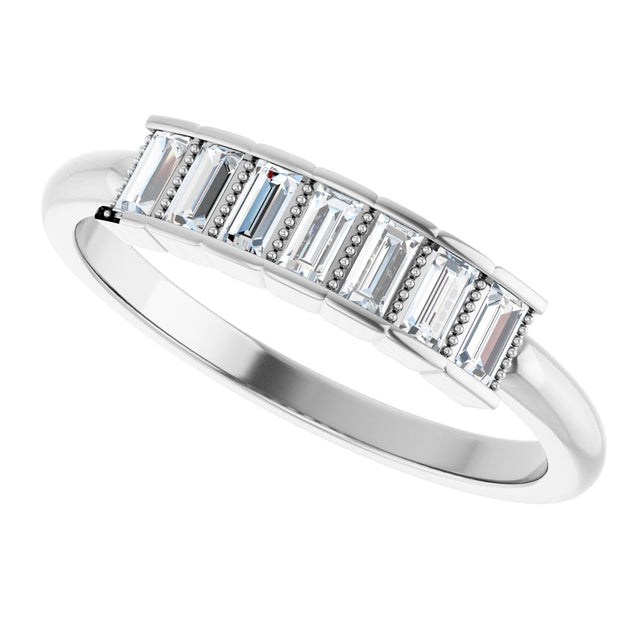 Platinum Straight Baguette Natural Diamond Beaded Seven-Stone Stackable Ring - view 5