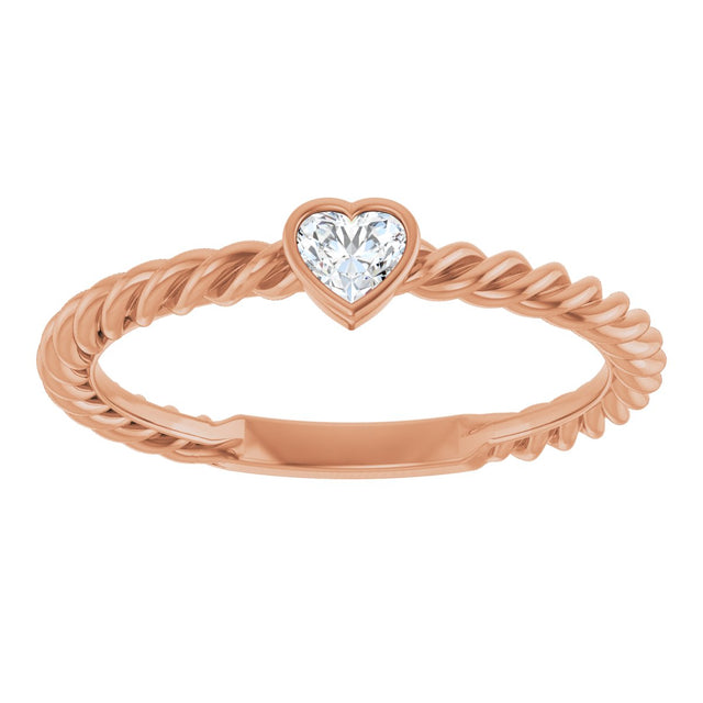 14K Gold Natural Diamond Stackable Bezel-Set Heart Rope Ring - Rose Gold - view 3