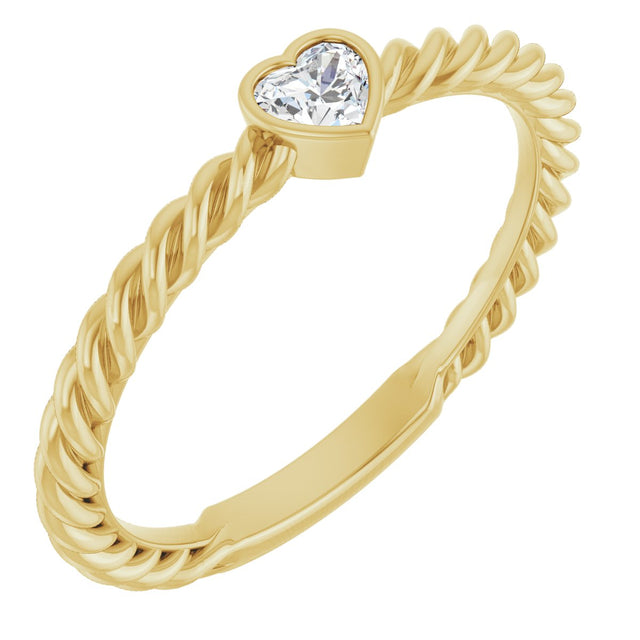 14K Gold Natural Diamond Stackable Bezel-Set Heart Rope Ring - Yellow Gold