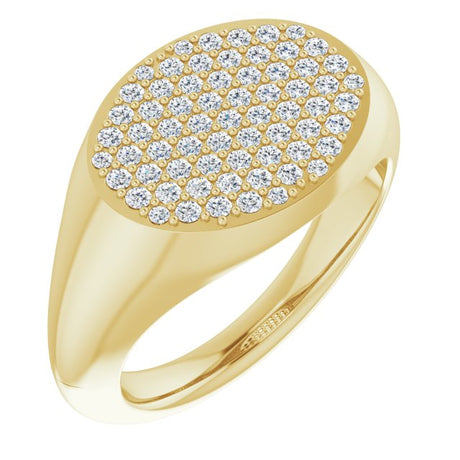 14K Gold Round Natural Diamond Pave'-Style Cluster Signet Ring - Yellow Gold