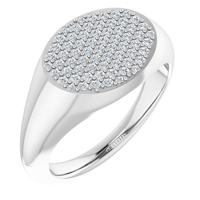 14K Gold Round Natural Diamond Pave'-Style Cluster Signet Ring - White Gold