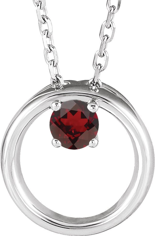 14K Gold Round Natural Mozambique Garnet Circle Necklace - White Gold