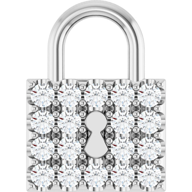 14K Gold Round Natural Diamond Lock Necklace or Pendant - White Gold
