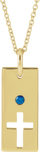 14K Gold Round Natural Blue Sapphire Accented Cross Bar Necklace or Pendant - Yellow Gold