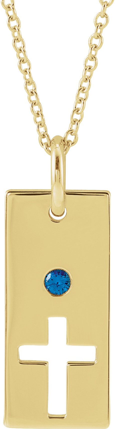 14K Gold Round Natural Blue Sapphire Accented Cross Bar Necklace or Pendant - Yellow Gold