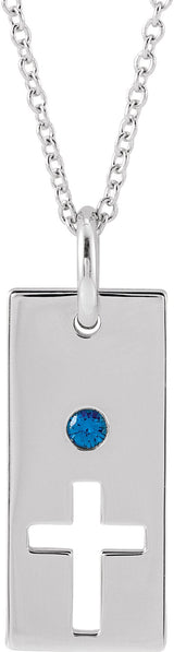 14K Gold Round Natural Blue Sapphire Accented Cross Bar Necklace or Pendant - White Gold