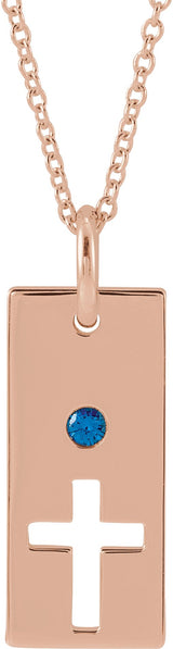 14K Gold Round Natural Blue Sapphire Accented Cross Bar Necklace or Pendant - Rose Gold