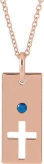 14K Gold Round Natural Blue Sapphire Accented Cross Bar Necklace or Pendant - Rose Gold