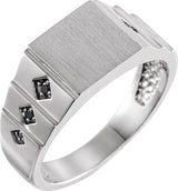 14K Gold Round Natural Black Diamond Geometric Signet Ring - White Gold