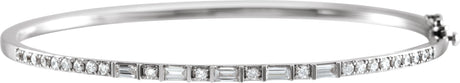 14K Gold Straight Baguette Natural Diamond Accented Bangle Bracelet - White Gold