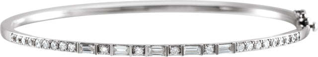 14K Gold Straight Baguette Natural Diamond Accented Bangle Bracelet - White Gold