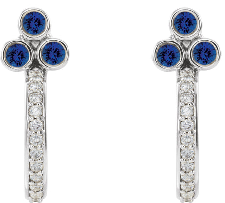 Platinum Round Natural Blue Sapphire Accented Bezel-Set J-Hoop Earrings - view 2