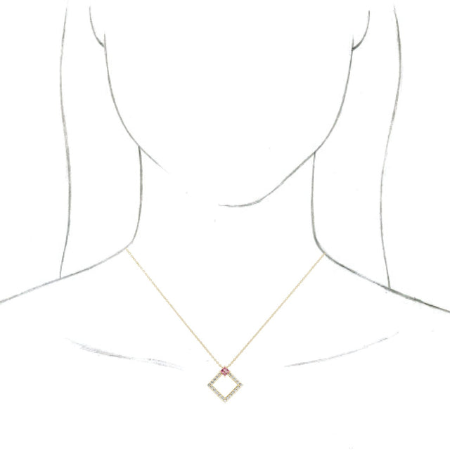 14K Gold Square Natural Pink Tourmaline Accented Geometric Necklace or Pendant - Yellow Gold - view 3