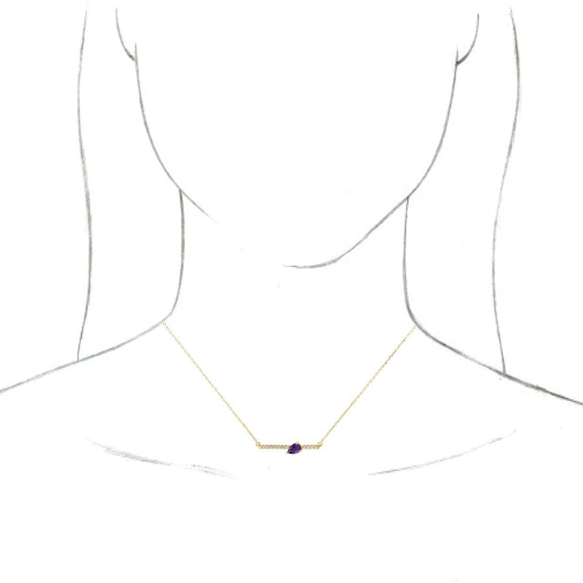 14K Gold Pear Natural Amethyst Accented Bar Necklace - Yellow Gold - view 3