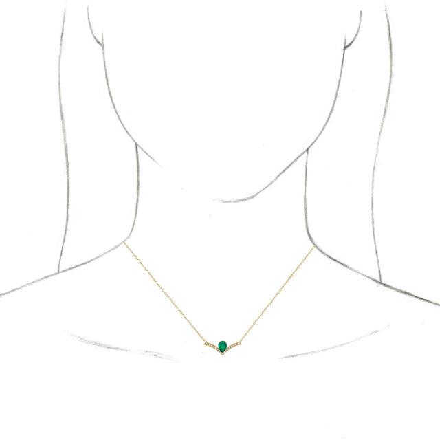 14K Gold Pear Natural Emerald Accented V Necklace - Yellow Gold - view 4