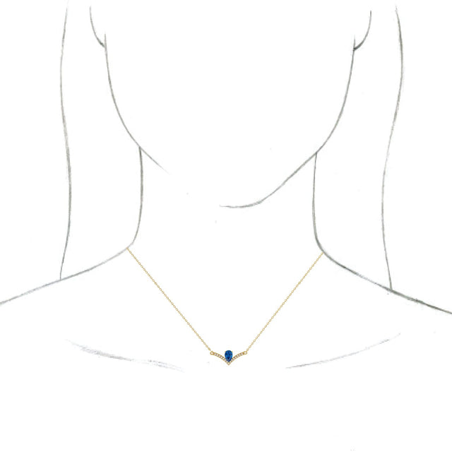 14K Gold Pear Lab-Grown Blue Sapphire Accented V Necklace - Yellow Gold - view 3