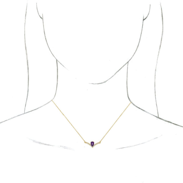 14K Gold Pear Natural Amethyst Accented V Necklace - Yellow Gold - view 3