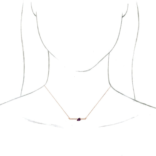 14K Gold Pear Natural Amethyst Accented Bar Necklace - Rose Gold - view 3