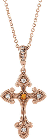14K Gold Round Natural Citrine Cross Necklace or Pendant - Rose Gold