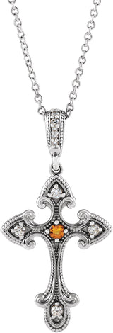 Platinum Round Natural Citrine Cross Necklace or Pendant