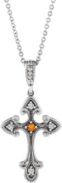 Platinum Round Natural Citrine Cross Necklace or Pendant