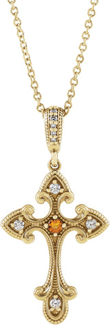 14K Gold Round Natural Citrine Cross Necklace or Pendant - Yellow Gold