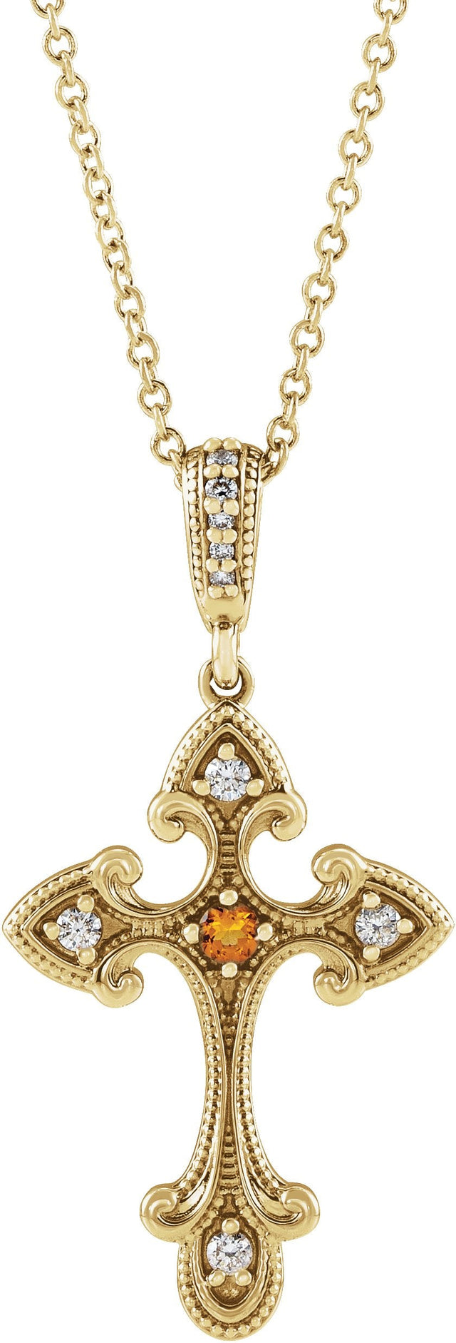 14K Gold Round Natural Citrine Cross Necklace or Pendant - Yellow Gold
