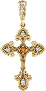 14K Gold Round Natural Citrine Cross Necklace or Pendant - Yellow Gold