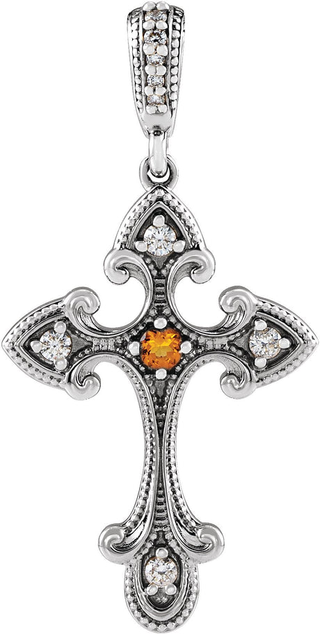 14K Gold Round Natural Citrine Cross Necklace or Pendant - White Gold