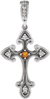 Platinum Round Natural Citrine Cross Necklace or Pendant